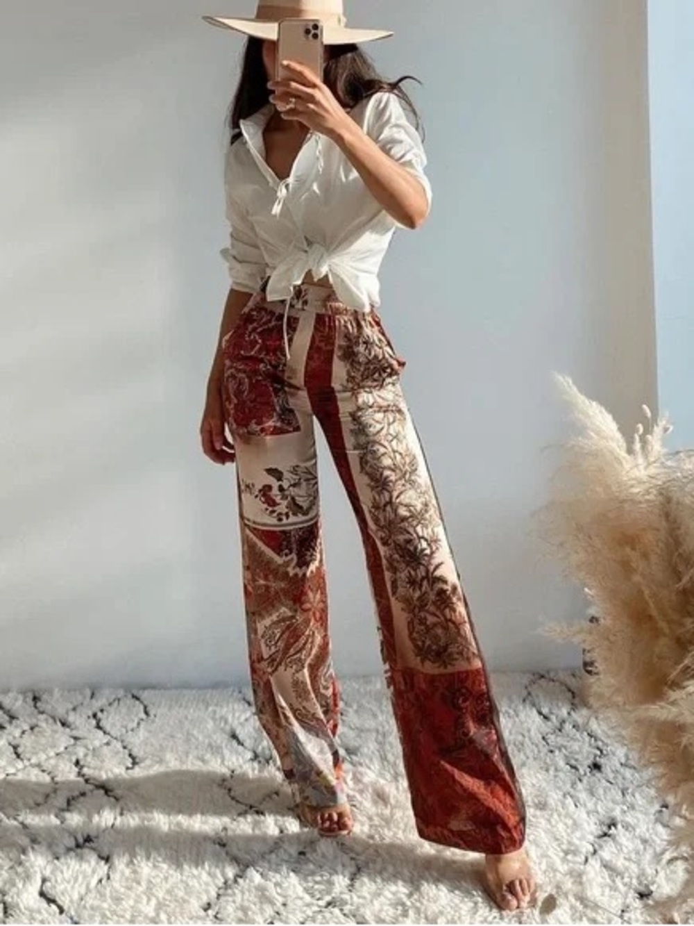 Zara Patchwork Boho Wide-Leg Pants in Rust & Cream
